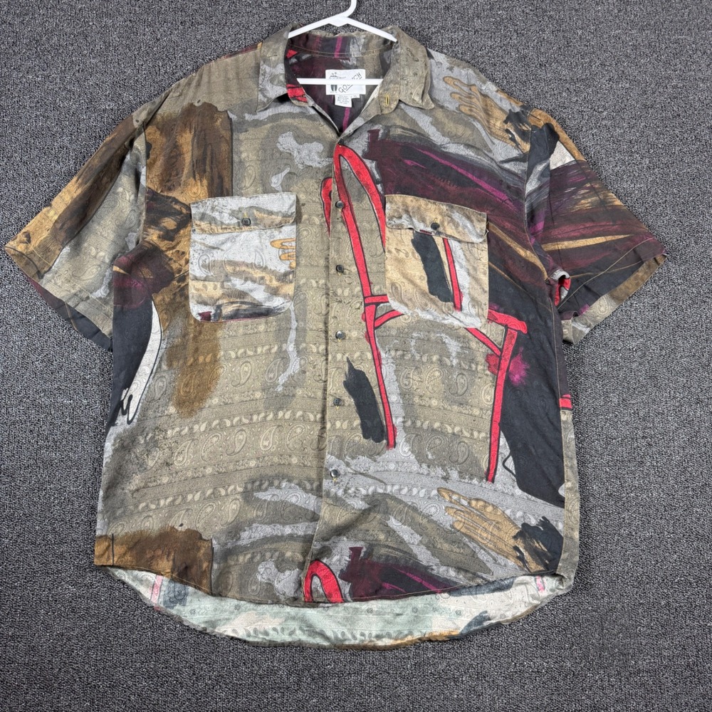 Vintage Goouch 100% Silk Abstract Paisley Print Shirt Men XL Short Sleeve 90s